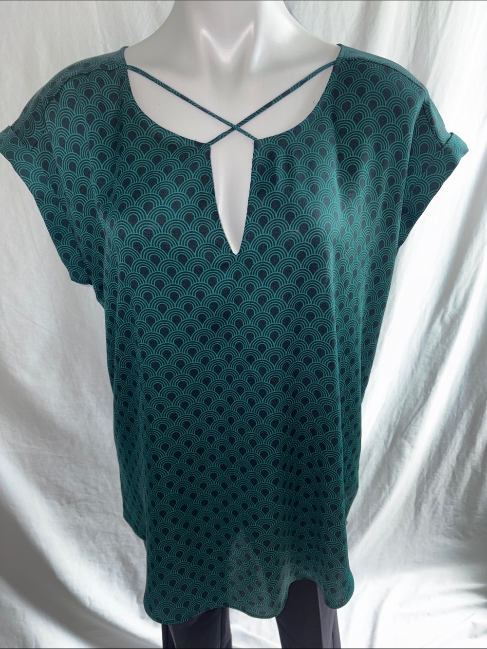 Express Gramercy Teal Patterned Cross-Strap Keyhole Blouse